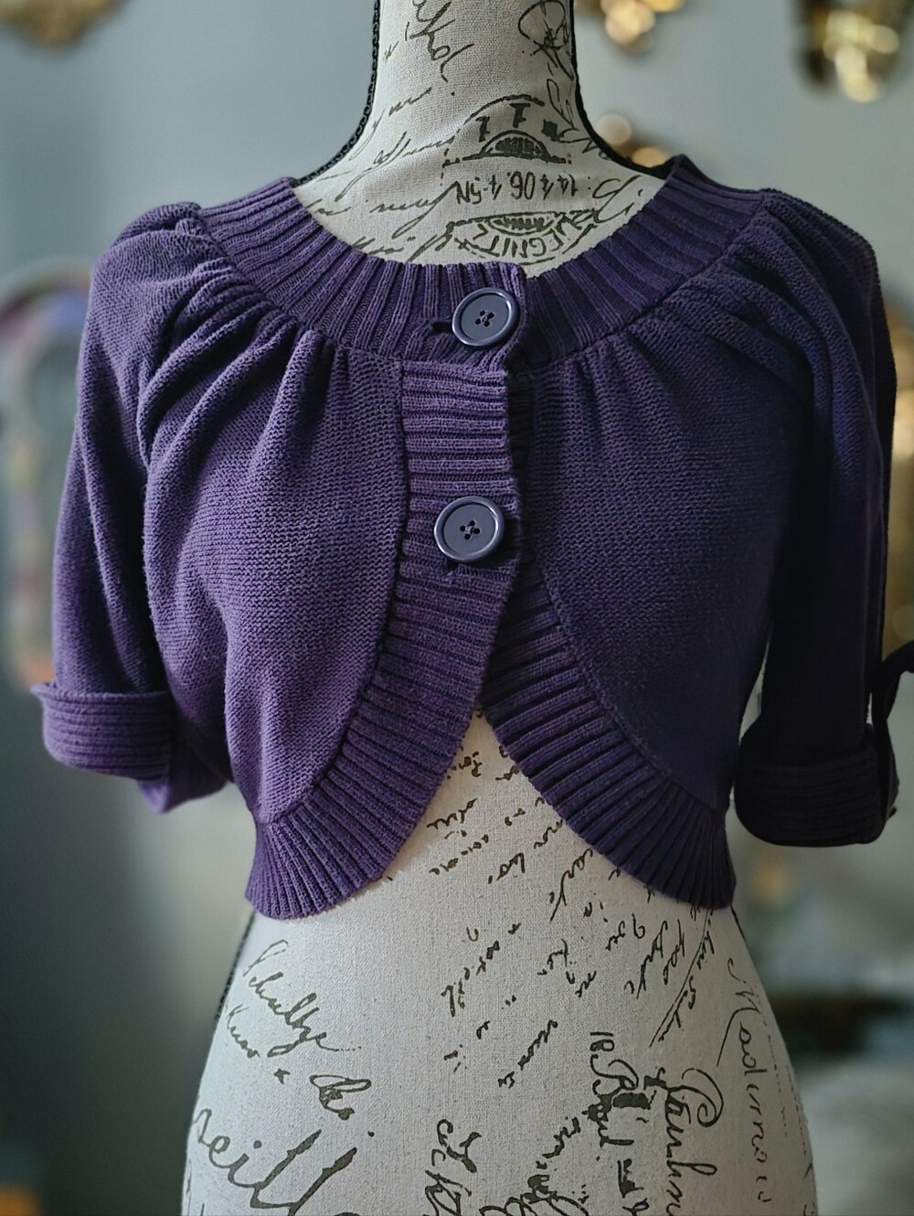 Elle Cute And Casual Purple Short-Sleeve Knit Bolero Cardigan XS